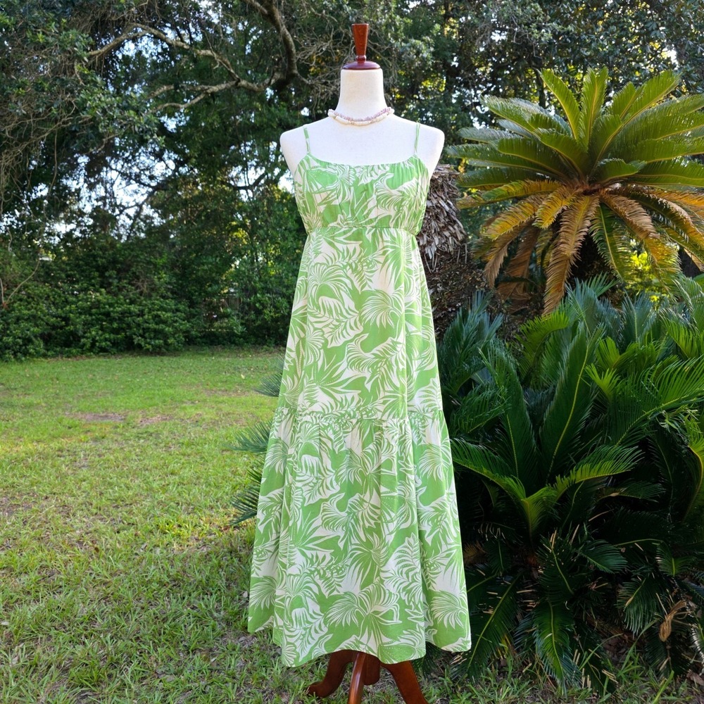 Sanctuary Y2K Maxi Dress Size S Green Tropical Empire Waist Tiered Boho Beach